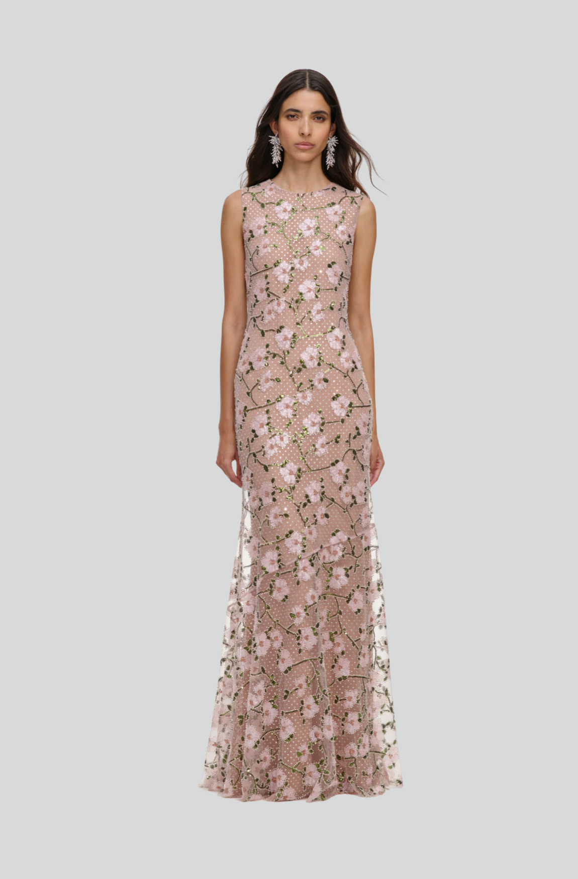 PINK RHINESTONE SEQUIN MESH MAXI DRESS