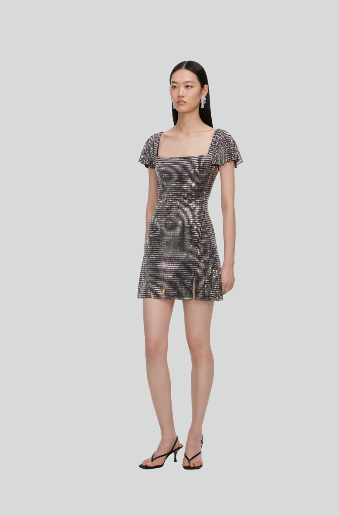 GREY RHINESTONE MESH MINI DRESS