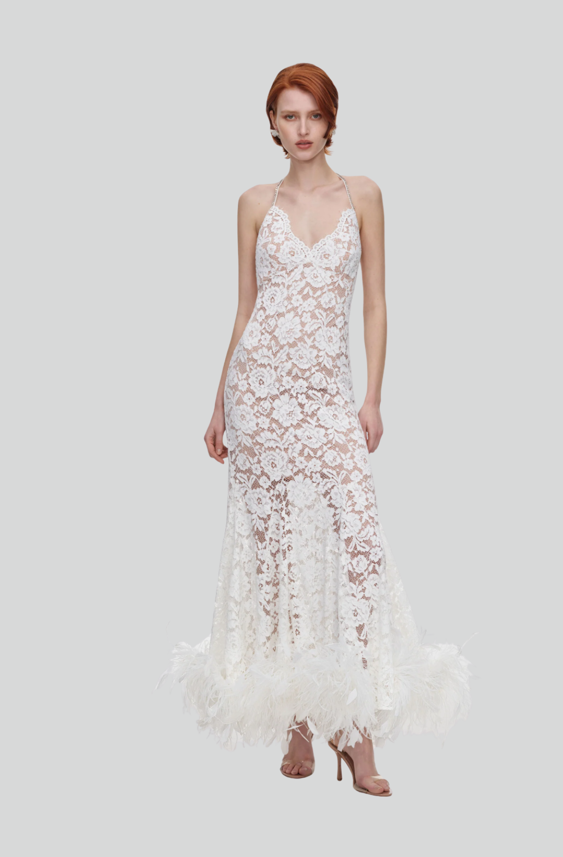 WHITE FINE LACE FEATHER MAXI DRESS