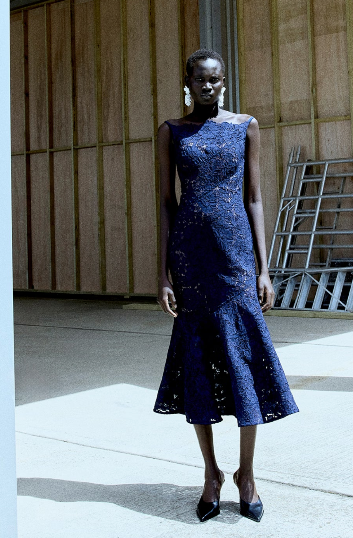 NAVY SPIRAL LACE MIDI DRESS