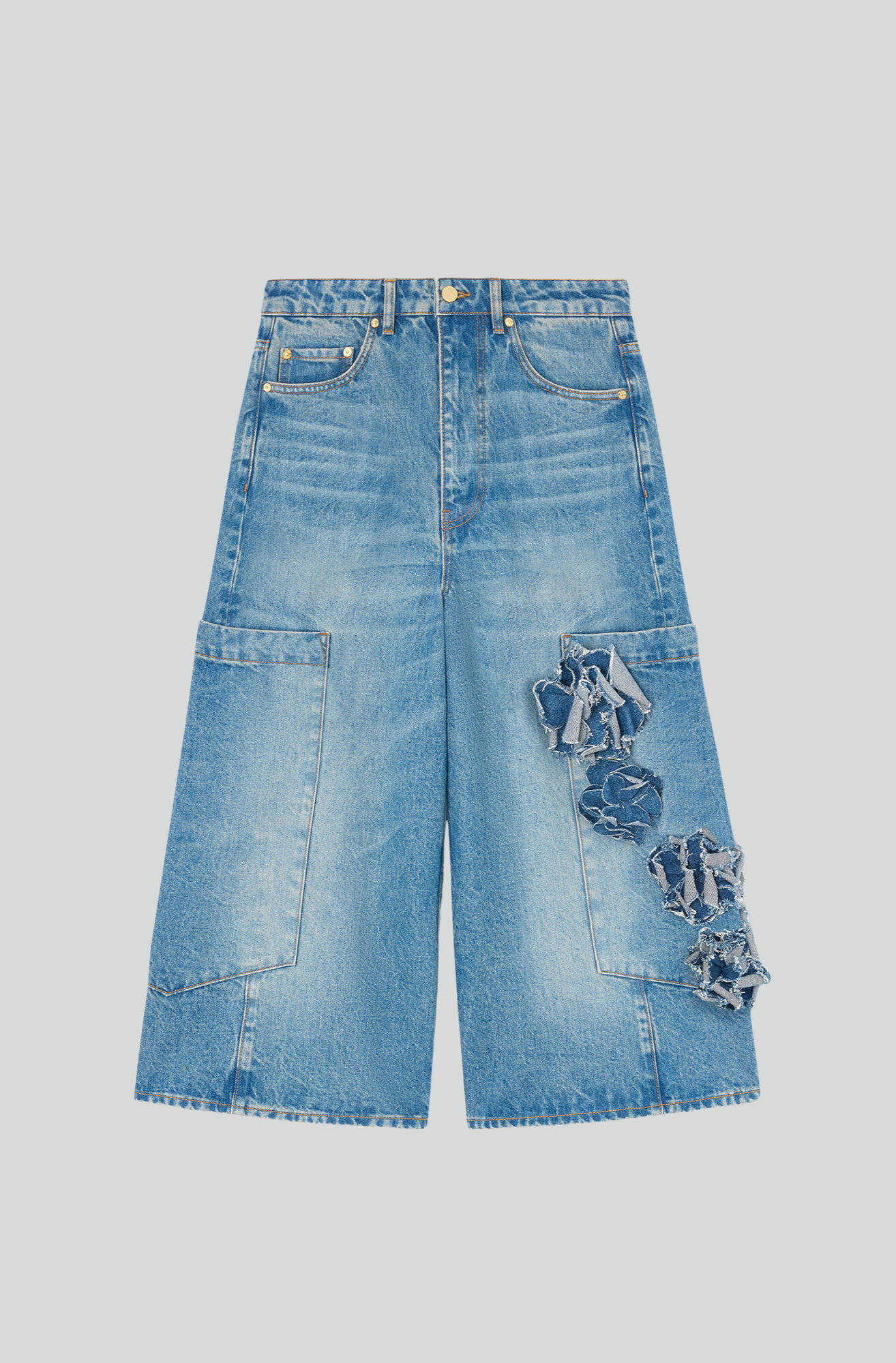 FLOWER DENIM CROPPED BAGGY CARGO JEANS