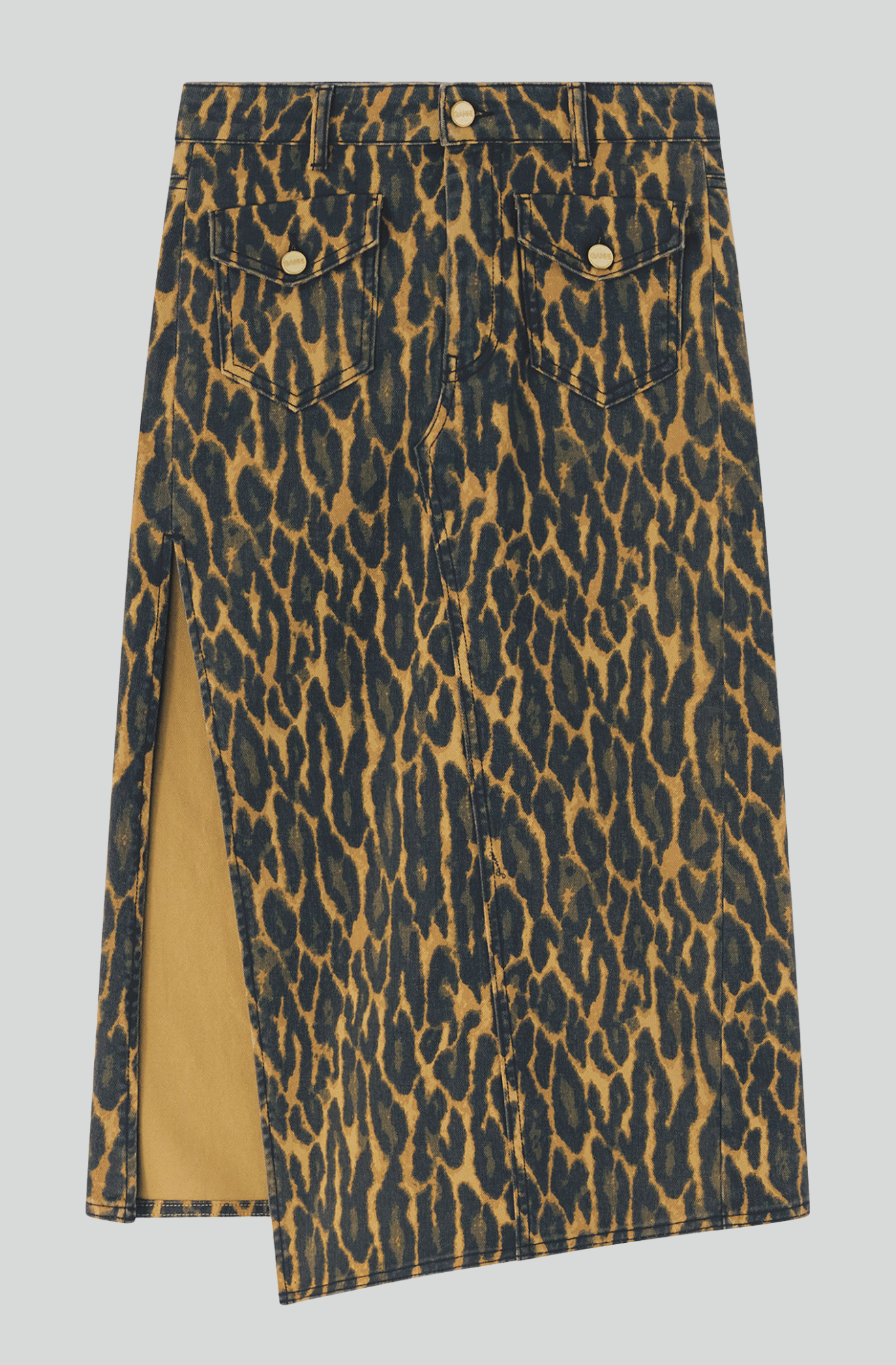 LEOPARD PRINT DENIM MIDI SKIRT