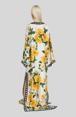 Load image into Gallery viewer, SILK CAFTAN WITH KIMONO SLEEVES AND YELLOW ROSE PRINT
