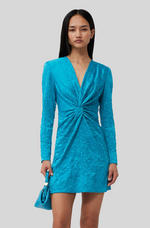 Load image into Gallery viewer, BLUE CRINKLED SATIN GATHERED KNOT MINI DRESS
