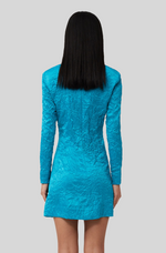 Load image into Gallery viewer, BLUE CRINKLED SATIN GATHERED KNOT MINI DRESS
