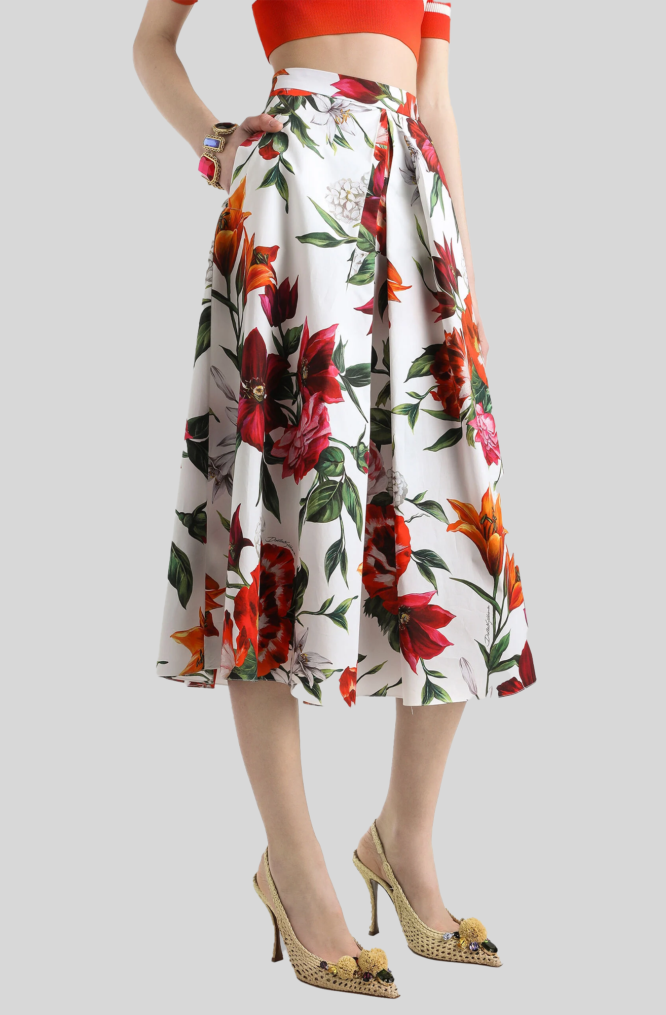 Dolce and Gabbana Flower Print Pleated Poplin Skirt