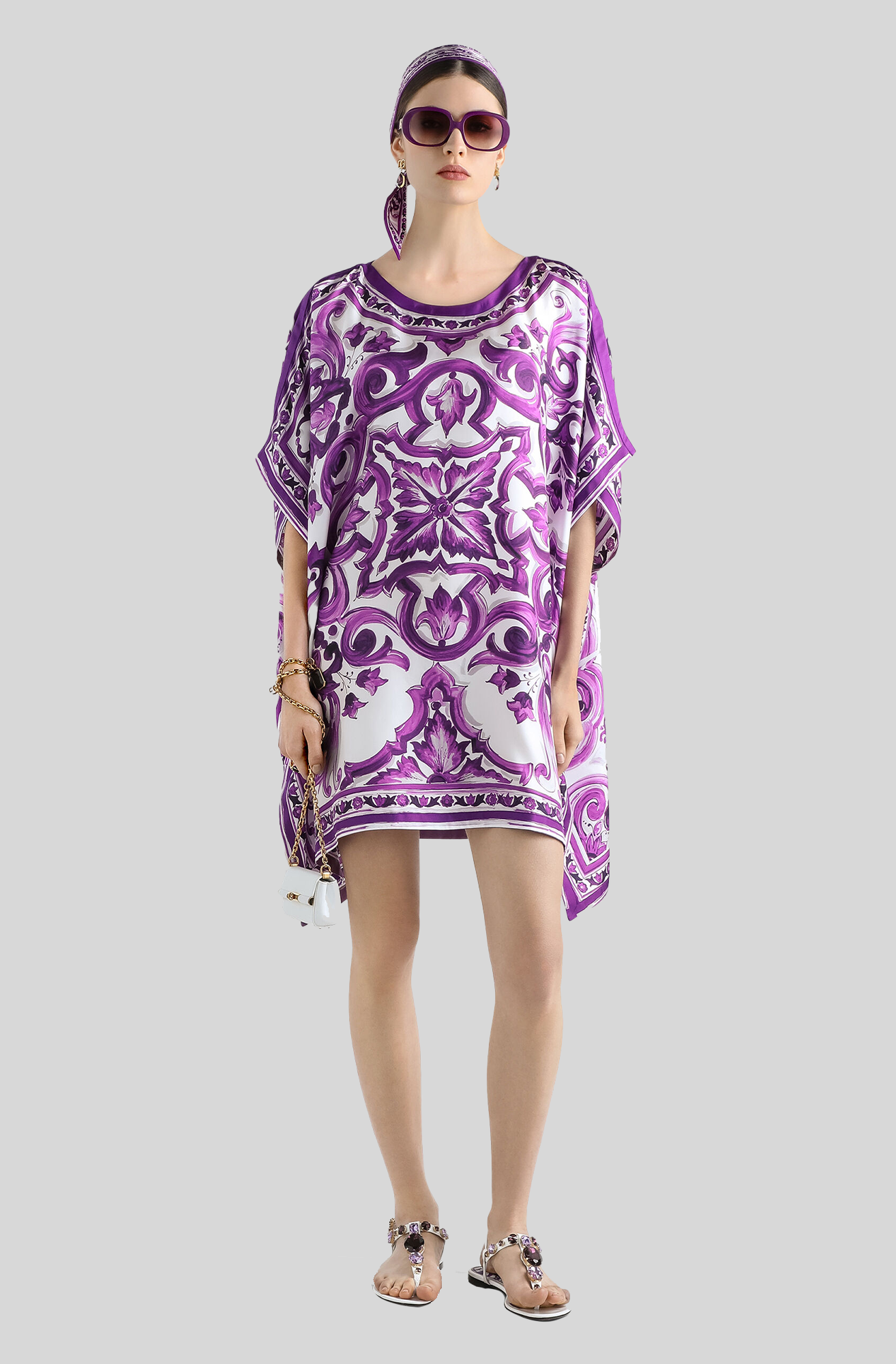 Dolce and Gabbana Majolica-Print Twill Caftan Dress in Purple