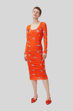 Load image into Gallery viewer, ORANGE RUCHED MESH MIDI DRESS
