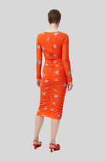 Load image into Gallery viewer, ORANGE RUCHED MESH MIDI DRESS
