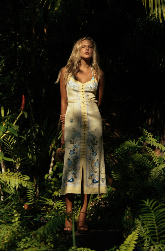 YELLOW FLORAL VISCOSE MIDI DRESS