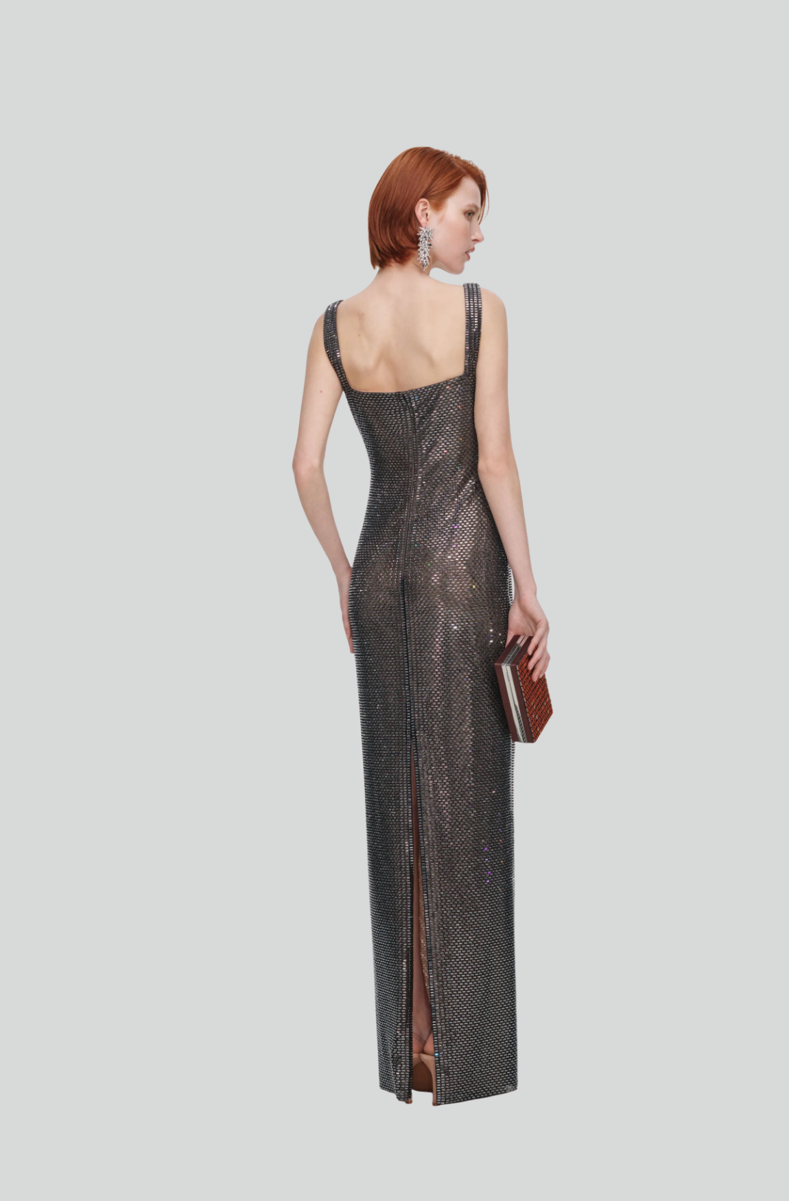 GUNMETAL SQUARE NECK RHINESTONE MAXI DRESS
