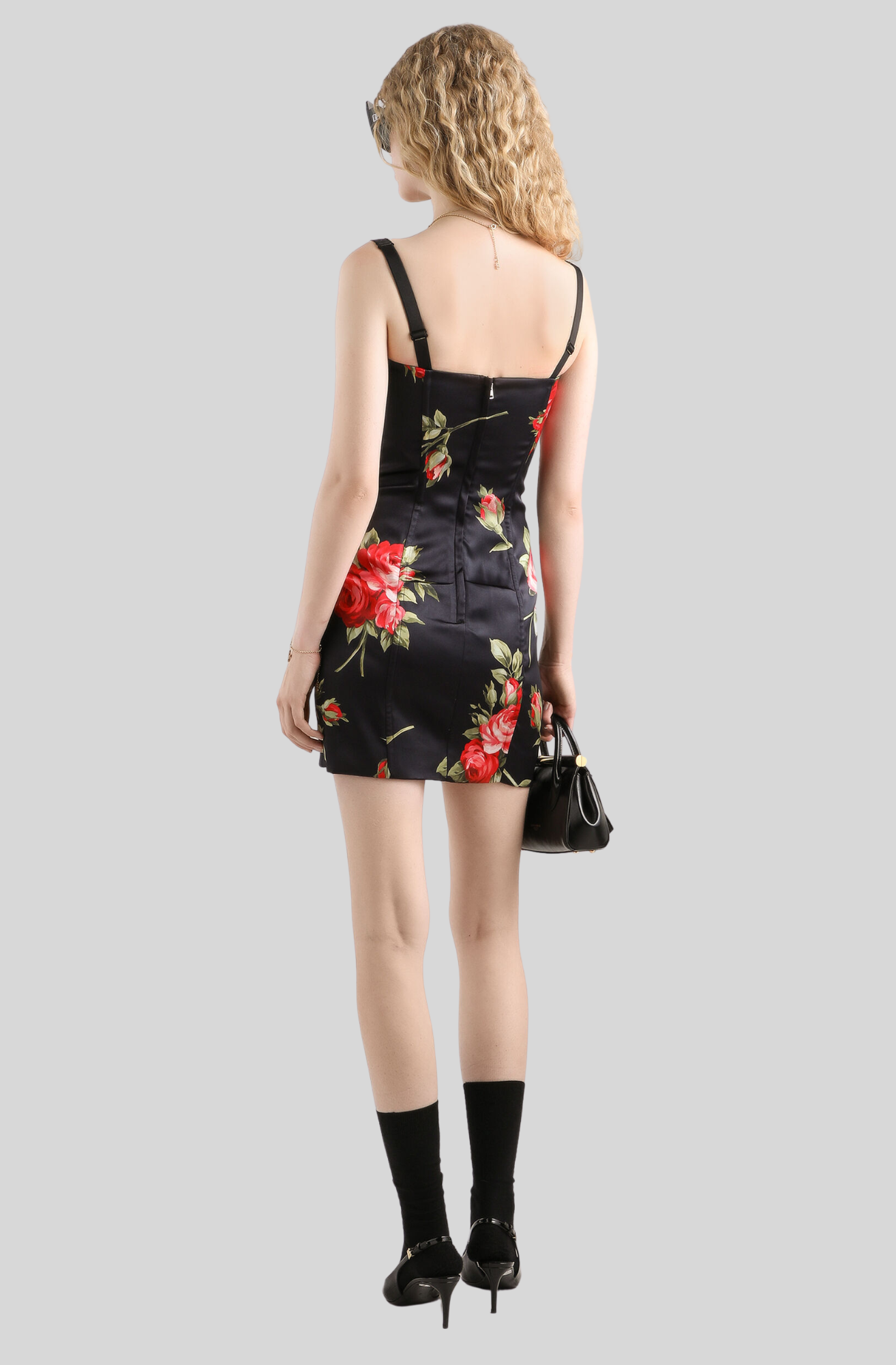 ROSE BOUQUET-PRINT SATIN DRESS