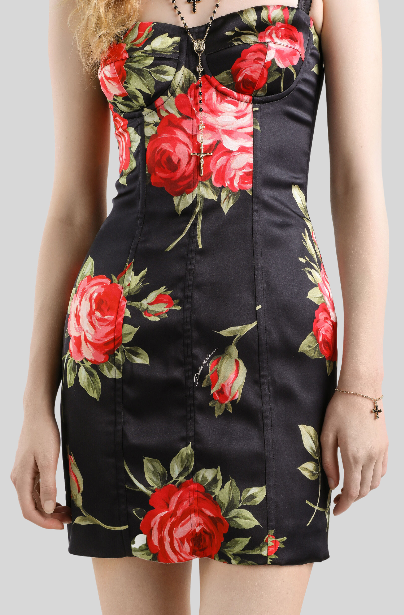 ROSE BOUQUET-PRINT SATIN DRESS