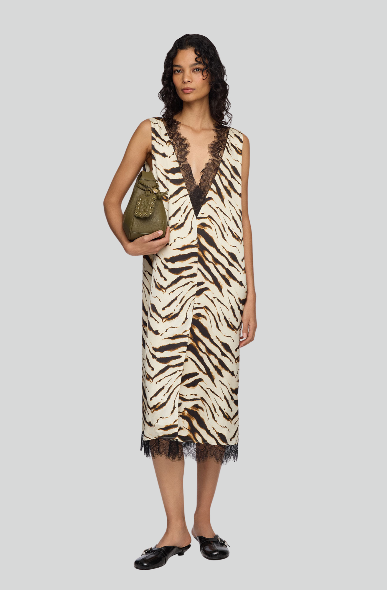 PRINTED SATIN V-NECK MIDI DRESS