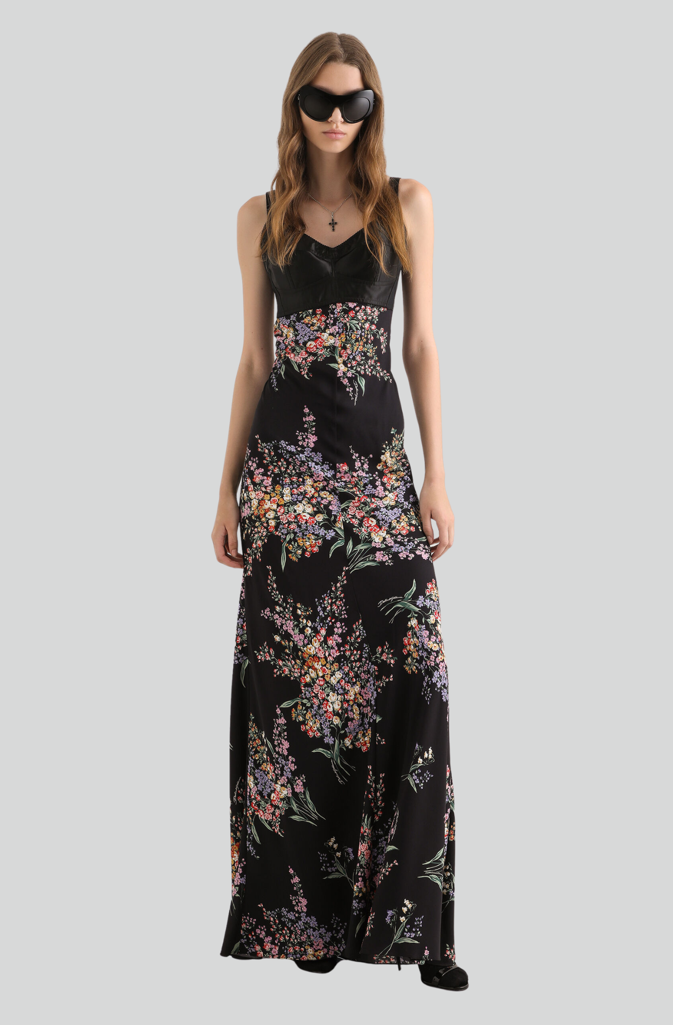FLOWER BOUQUETS-PRINT LONG CHARMEUSE DRESS