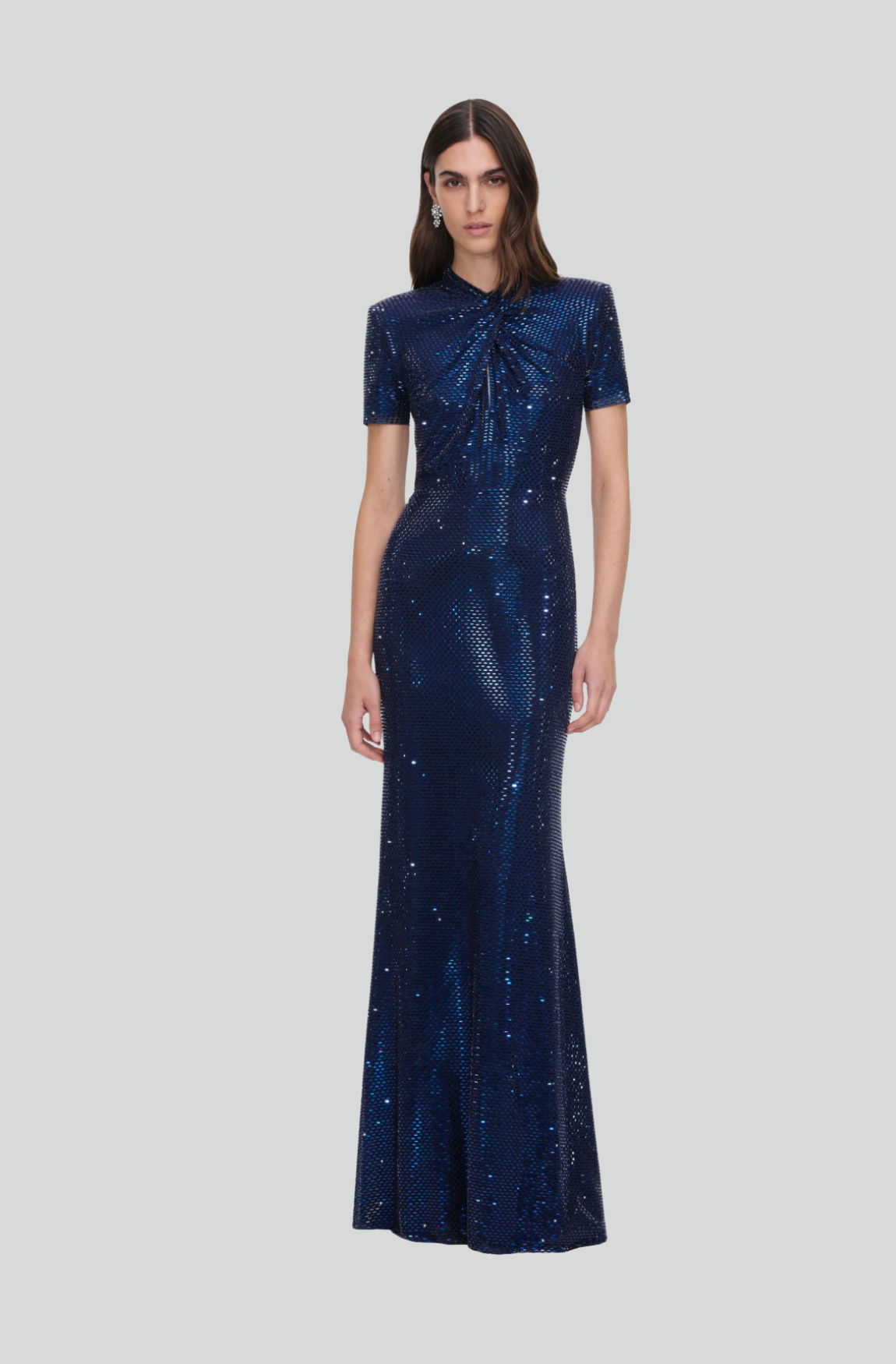 NAVY RHINESTONE MESH TWIST MAXI DRESS