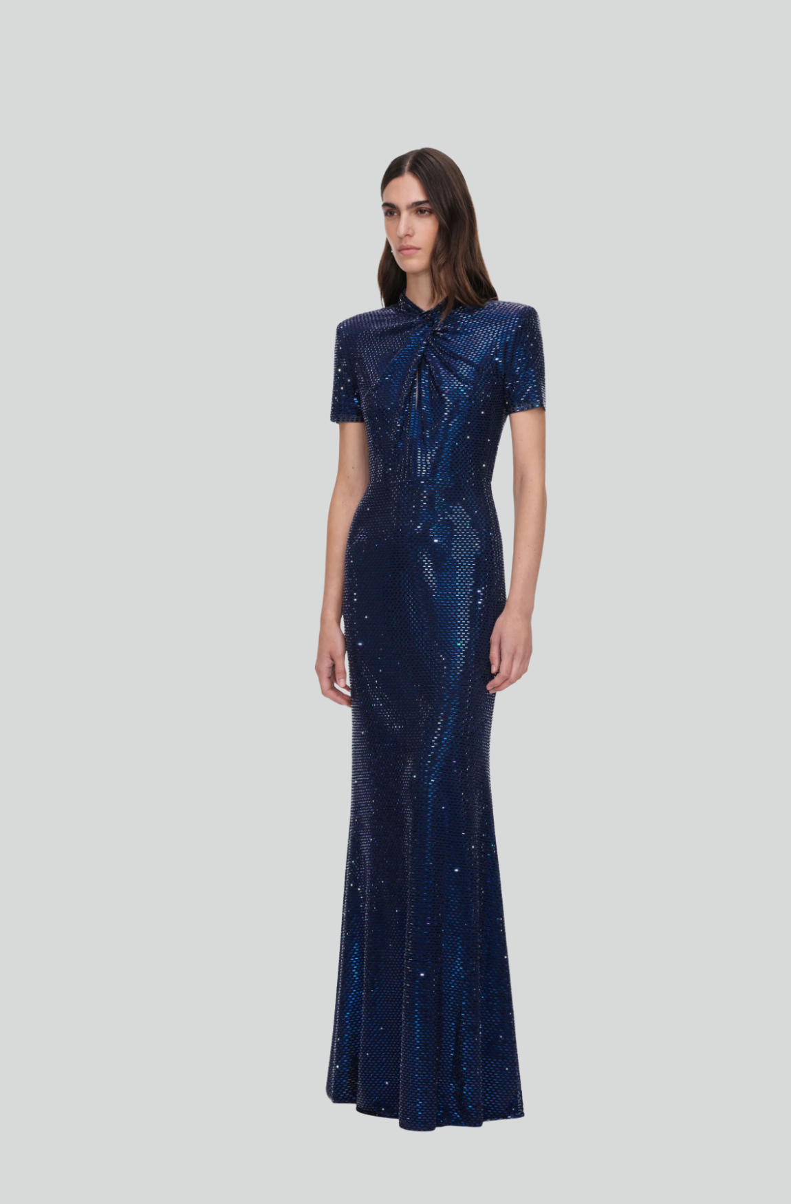 NAVY RHINESTONE MESH TWIST MAXI DRESS