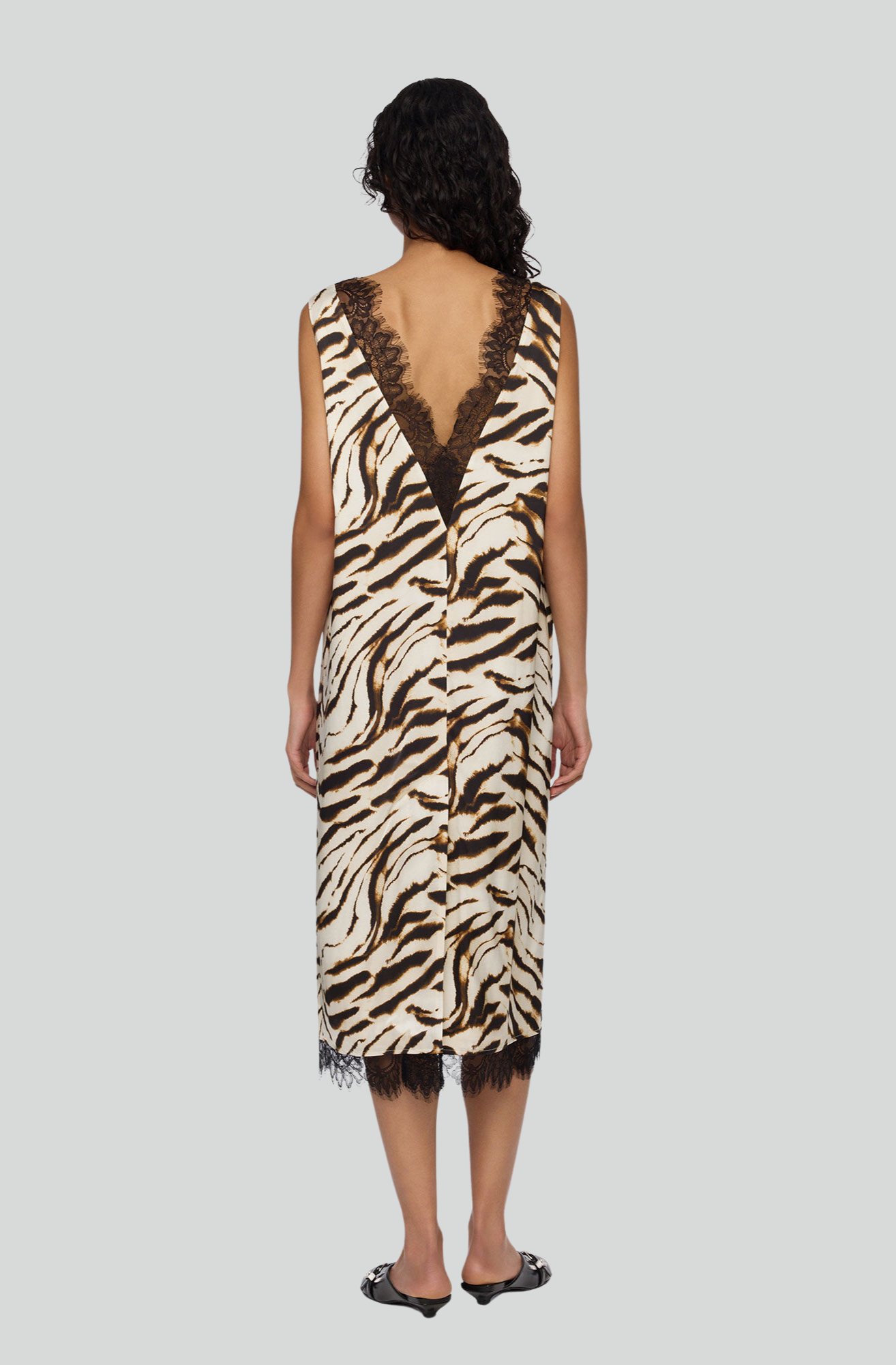 PRINTED SATIN V-NECK MIDI DRESS