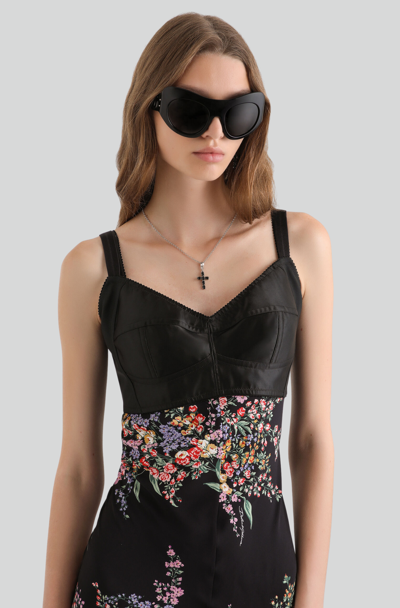 FLOWER BOUQUETS-PRINT LONG CHARMEUSE DRESS