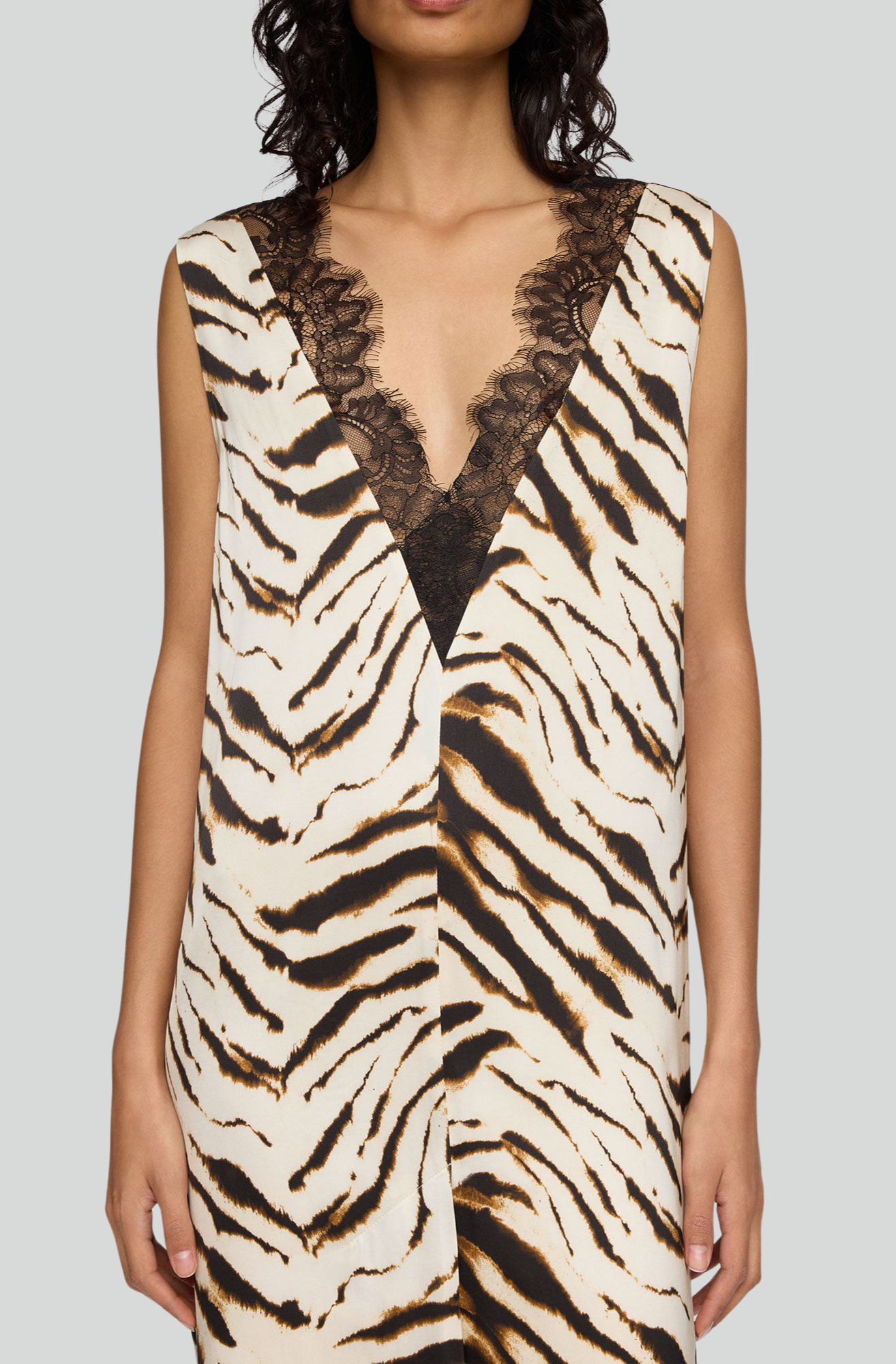 PRINTED SATIN V-NECK MIDI DRESS