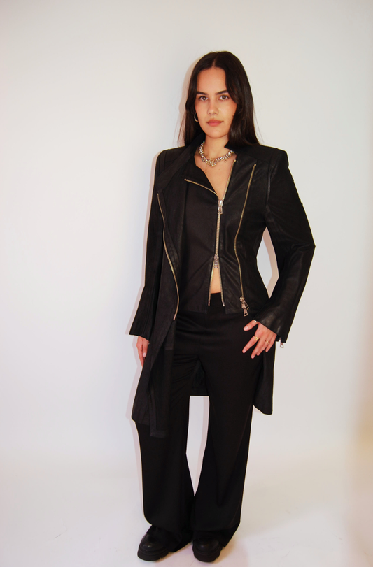 ANN DEMEULEMEESTER BLACK LEATHER COAT