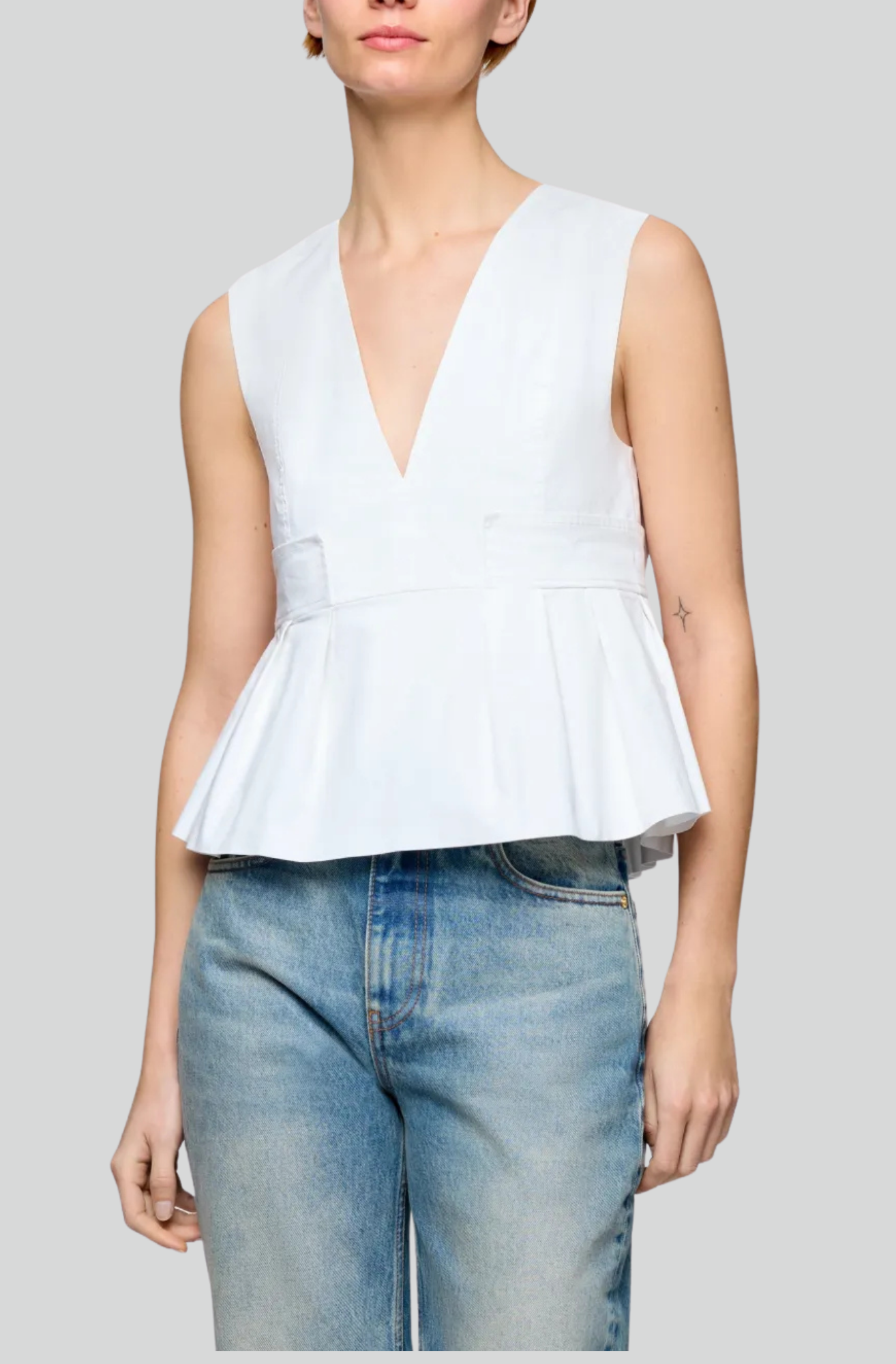 STRETCH COTTON V-NECK POCKET BLOUSE