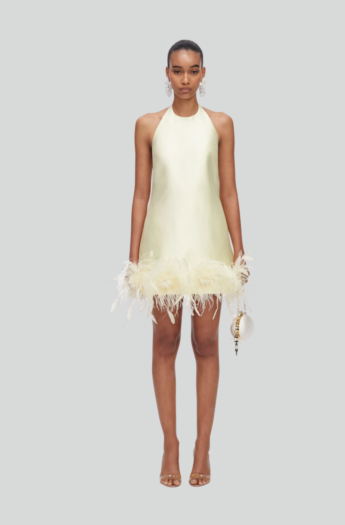 YELLOW TAFFETA FEATHER TRIM MINI DRESS