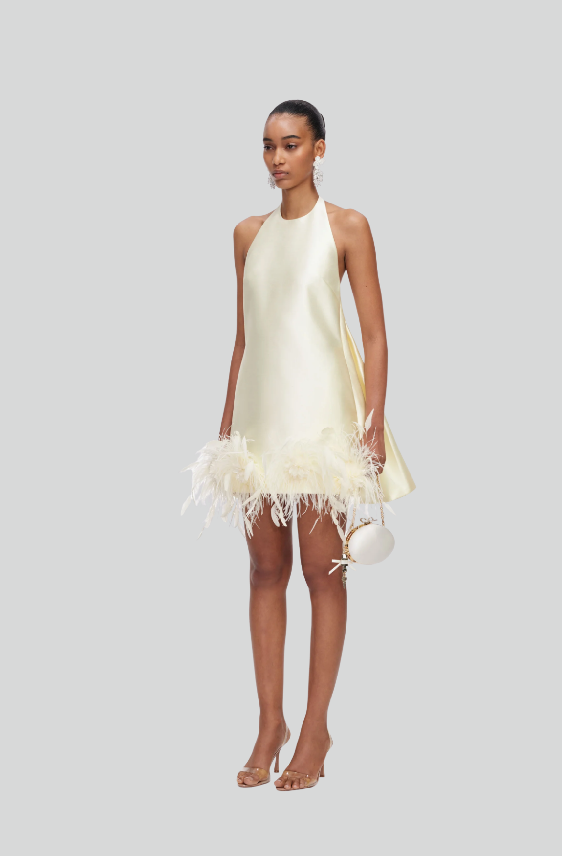 YELLOW TAFFETA FEATHER TRIM MINI DRESS