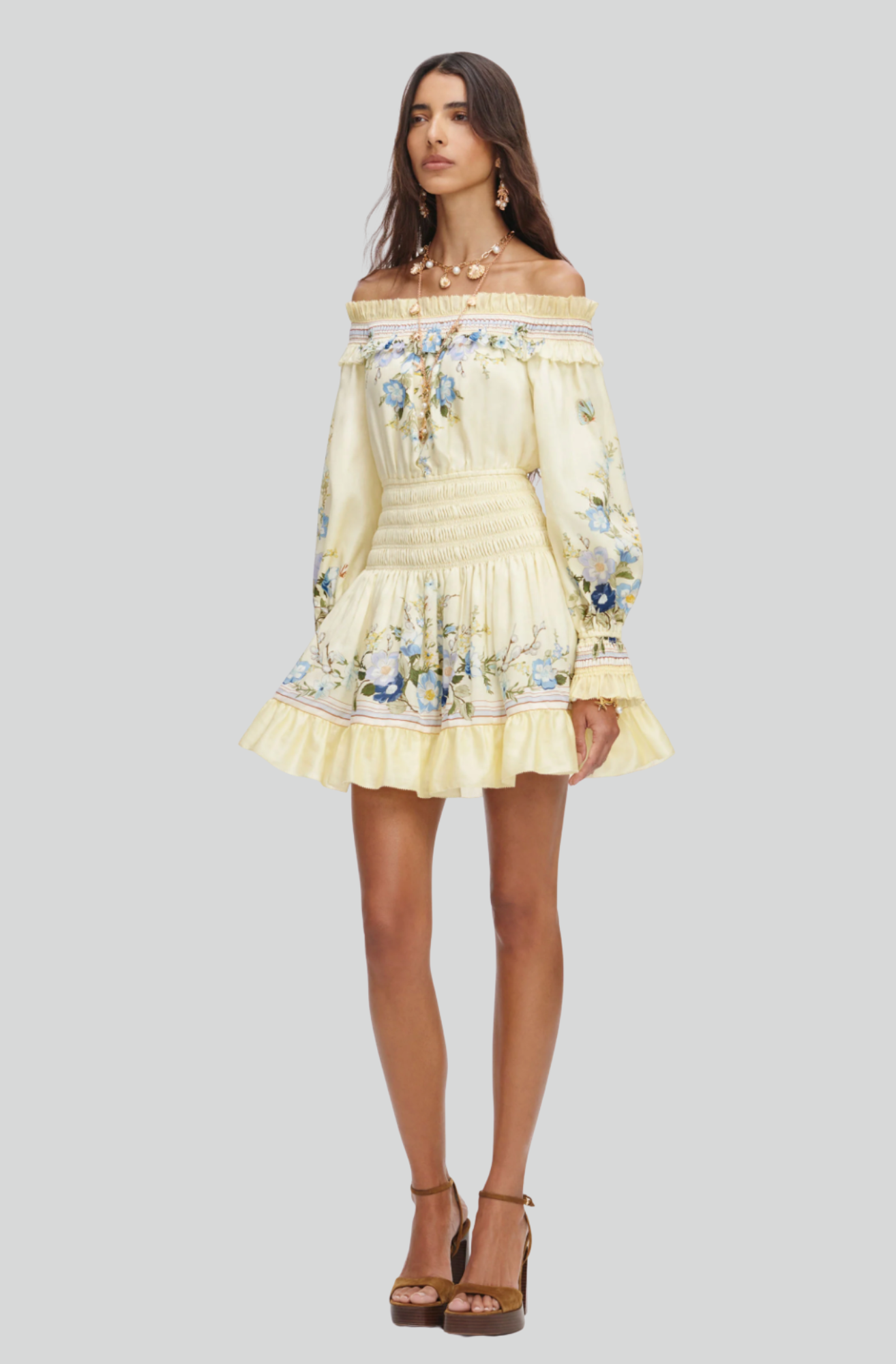YELLOW FLORAL ORGANZA RUFFLE MINI DRESS
