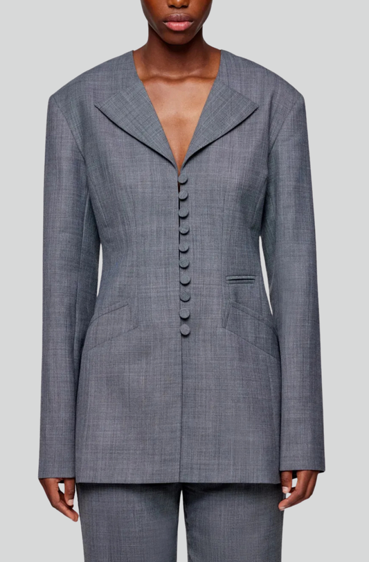 WOOL MELANGE SUITING LONG BUTTON BLAZER