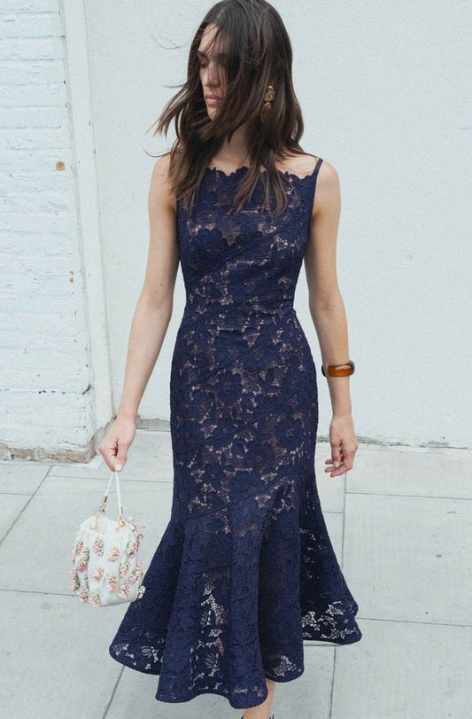 NAVY SPIRAL LACE MIDI DRESS