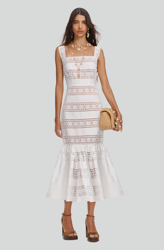 WHITE COTTON EMBROIDERED MIDI DRESS
