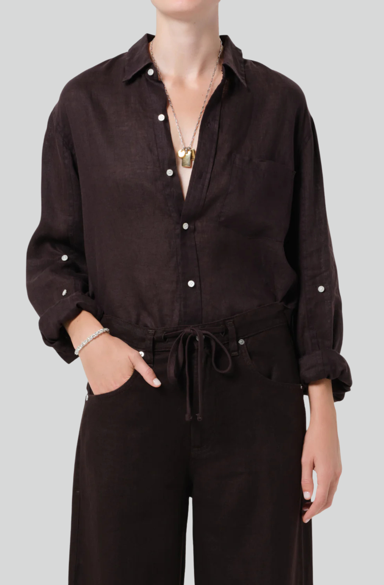 KAYLA SHRUNKEN LINEN SHIRT - CHOCOLATE