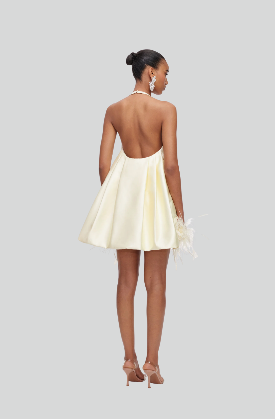 YELLOW TAFFETA FEATHER TRIM MINI DRESS