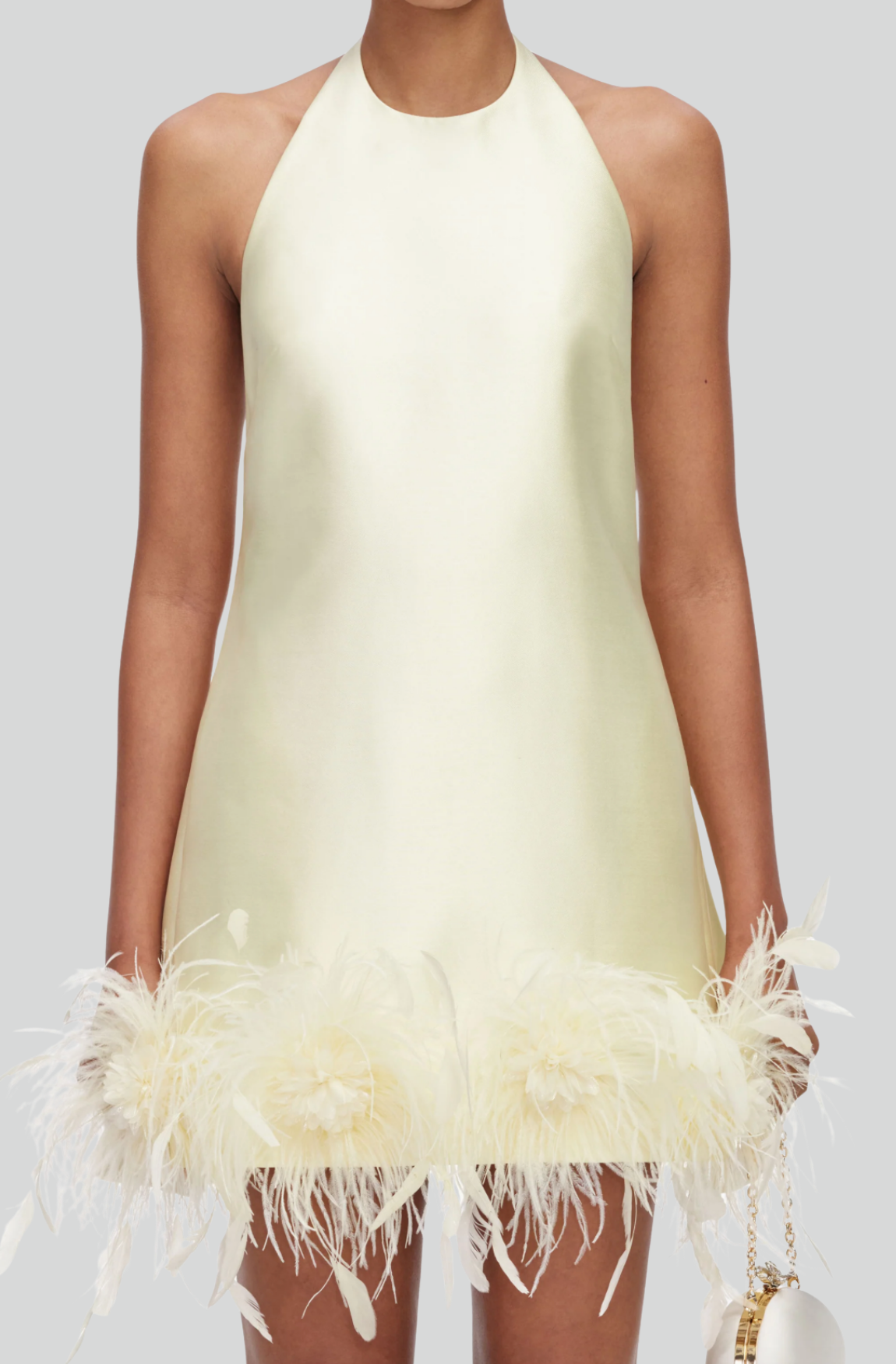 YELLOW TAFFETA FEATHER TRIM MINI DRESS