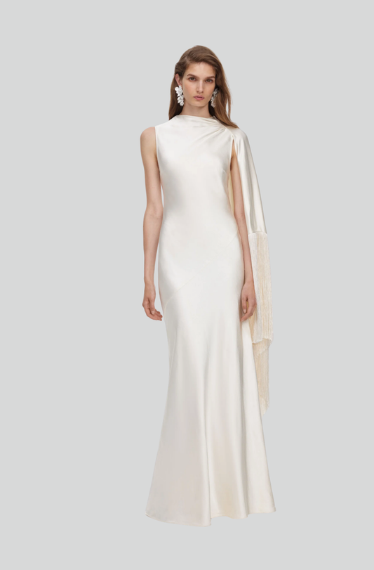 CREAM SATIN FRINGED MAXI DRESS