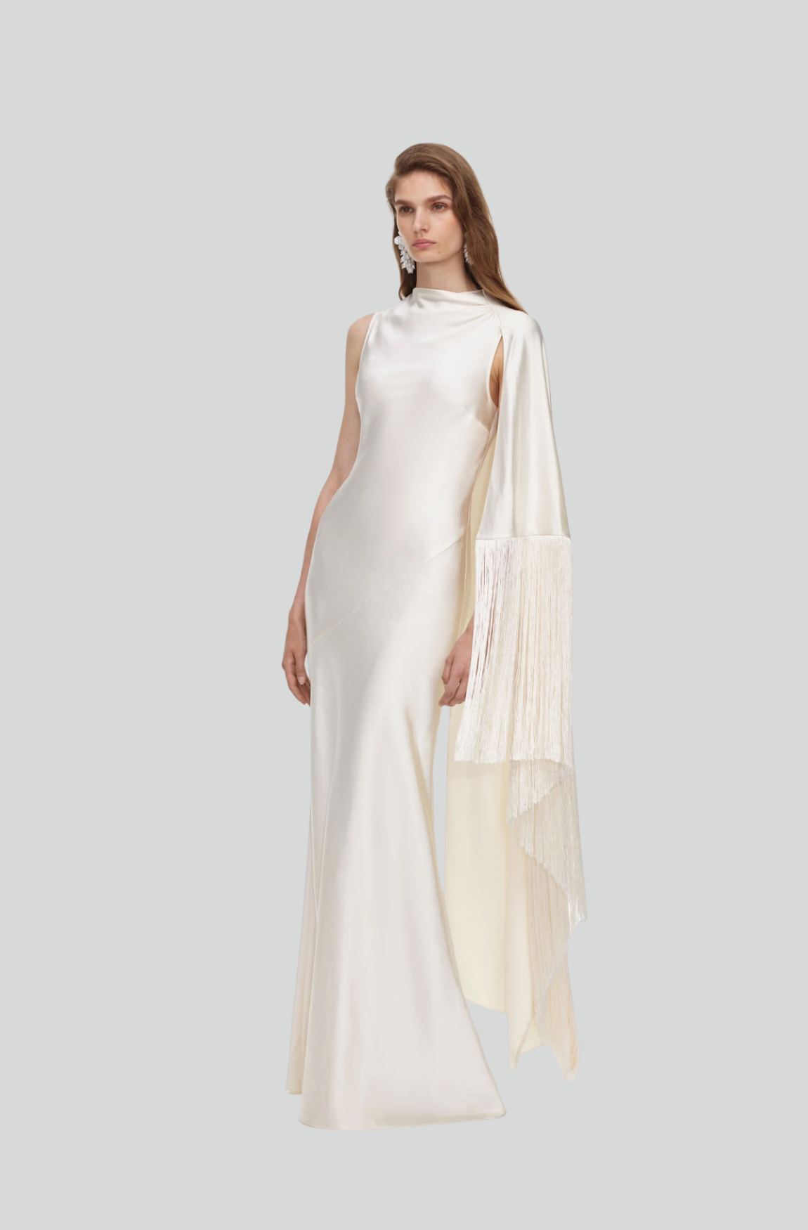 CREAM SATIN FRINGED MAXI DRESS