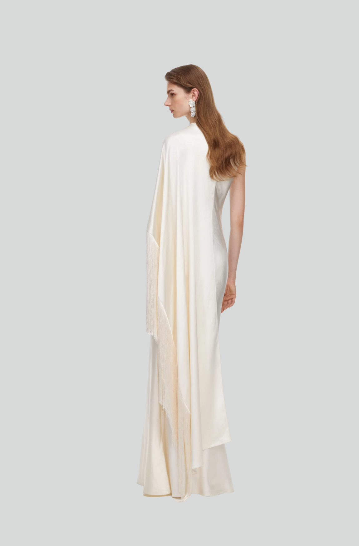 CREAM SATIN FRINGED MAXI DRESS