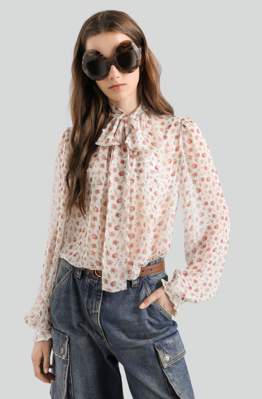 SMALL ROSE-PRINT CHIFFON TOP