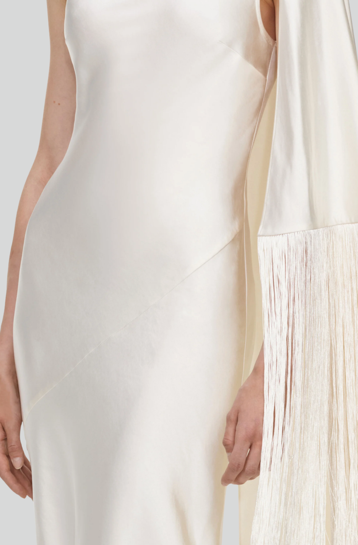 CREAM SATIN FRINGED MAXI DRESS