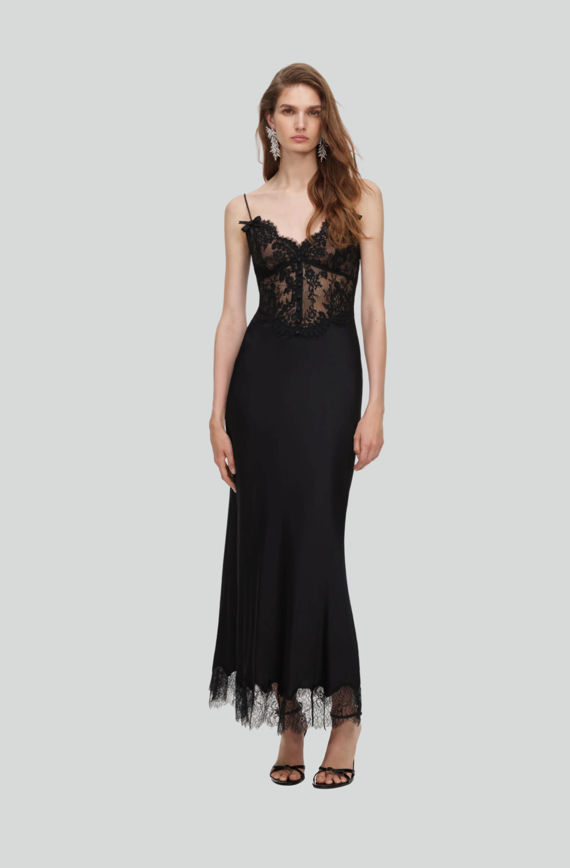 BLACK SATIN LACE MIDI DRESS