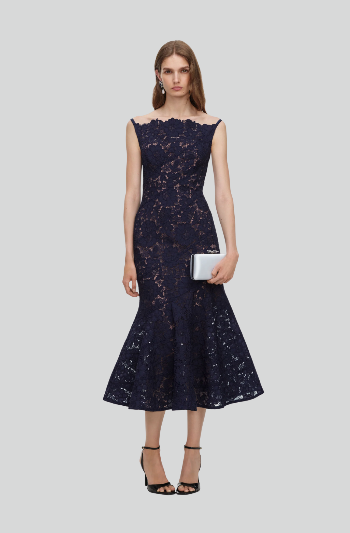 NAVY SPIRAL LACE MIDI DRESS