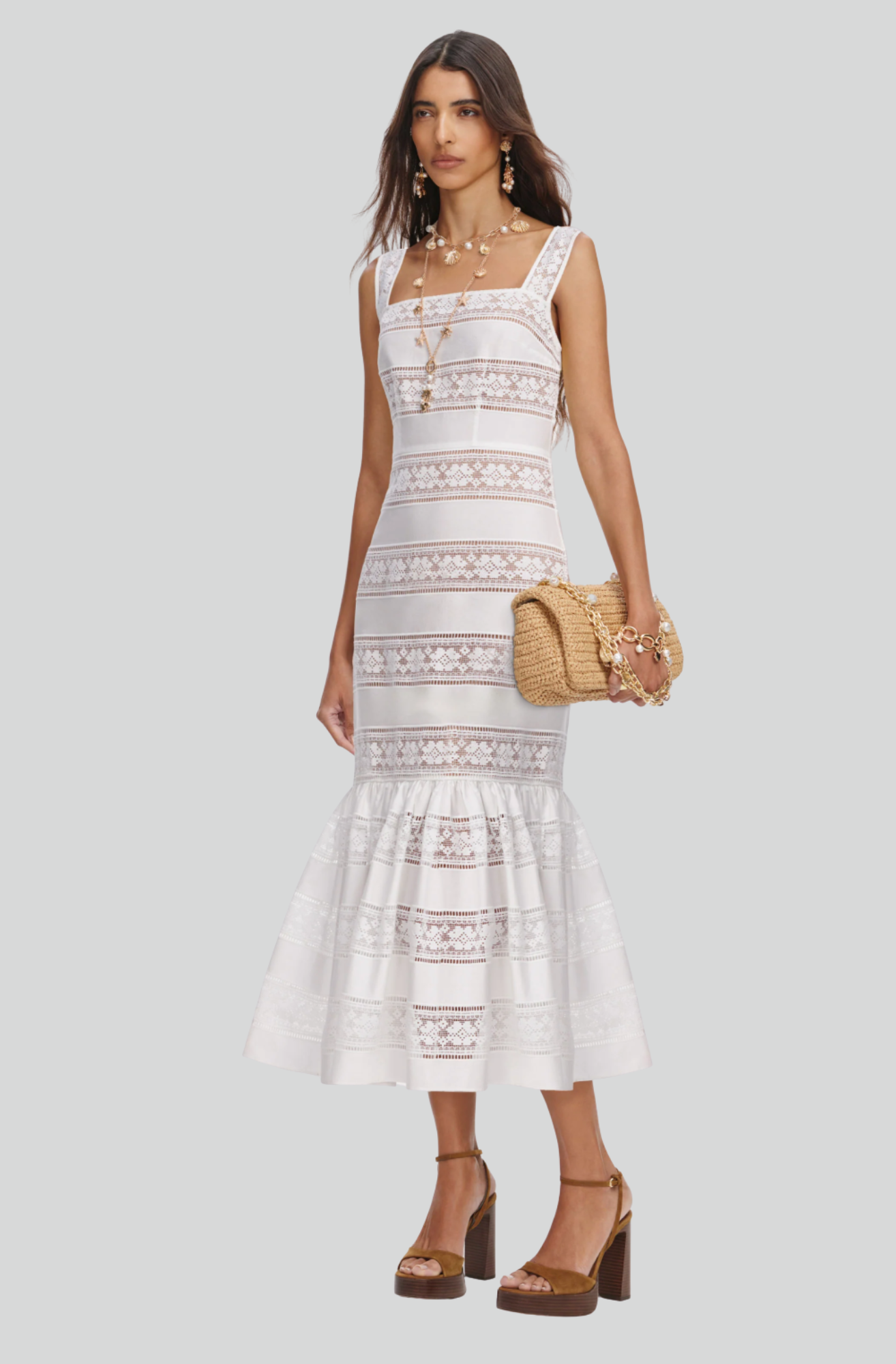 WHITE COTTON EMBROIDERED MIDI DRESS