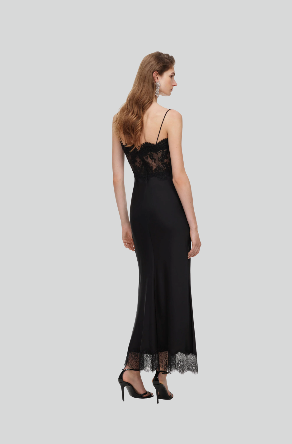 BLACK SATIN LACE MIDI DRESS