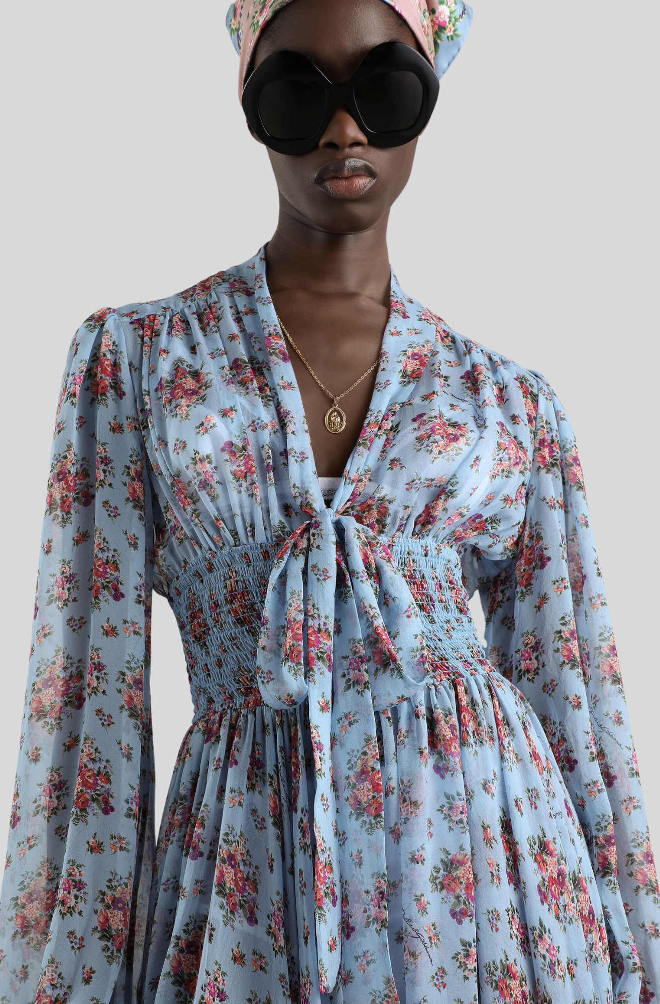 SMALL FLOWER BOUQUETS-PRINT CHIFFON DRESS