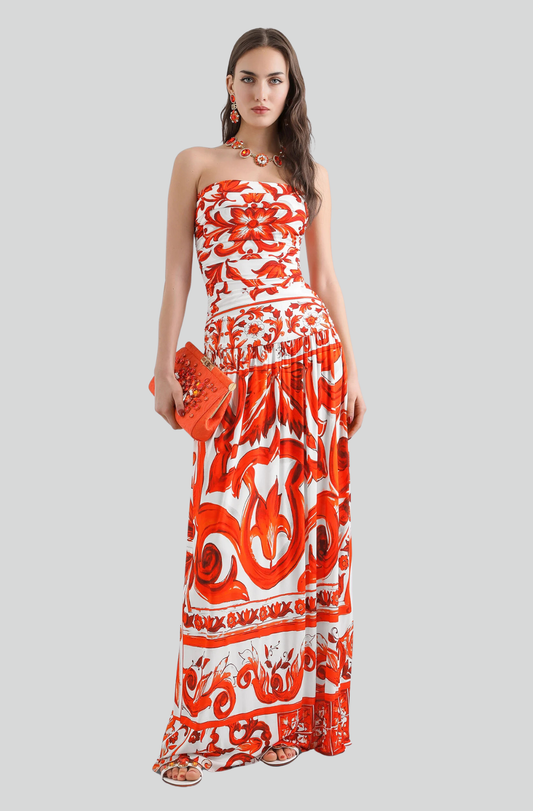 MAJOLICA-PRINT ORGANZINE LONG DRESS