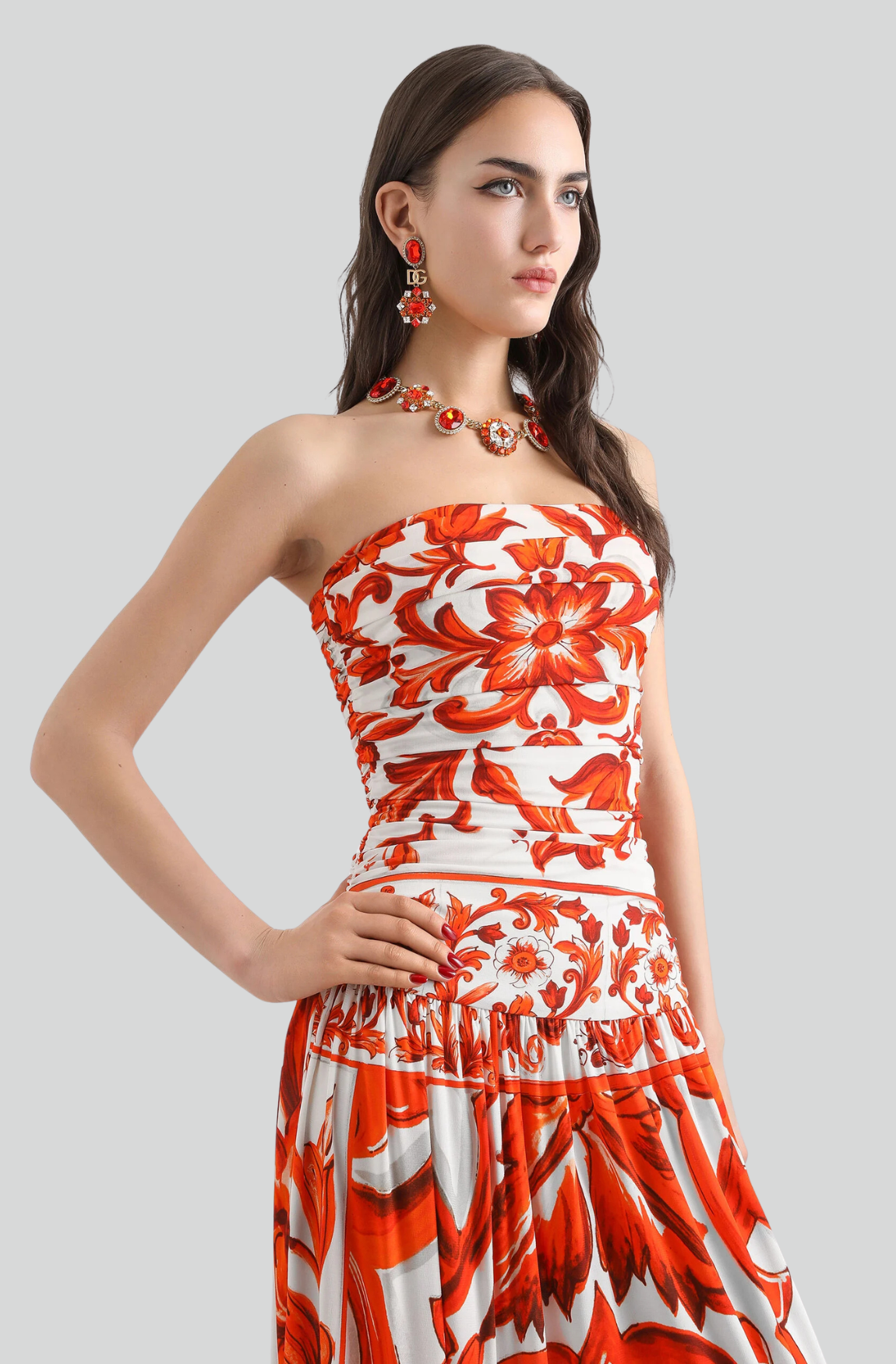 MAJOLICA-PRINT ORGANZINE LONG DRESS