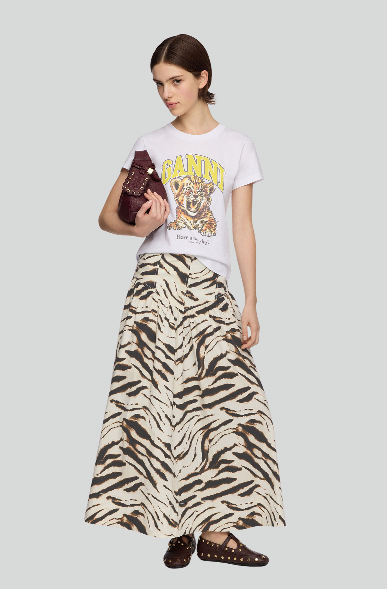 PRINTED STRECH COTTON LONG SKIRT EGRET