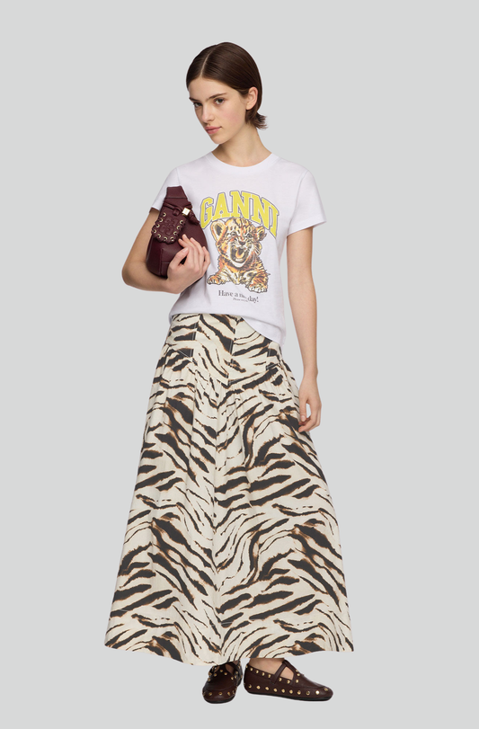 PRINTED STRECH COTTON LONG SKIRT EGRET