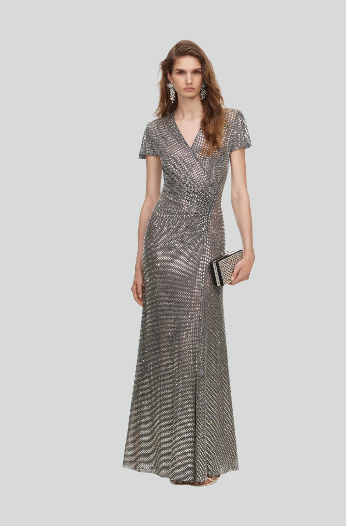 GREY RHINESTONE MESH WRAP MAXI DRESS